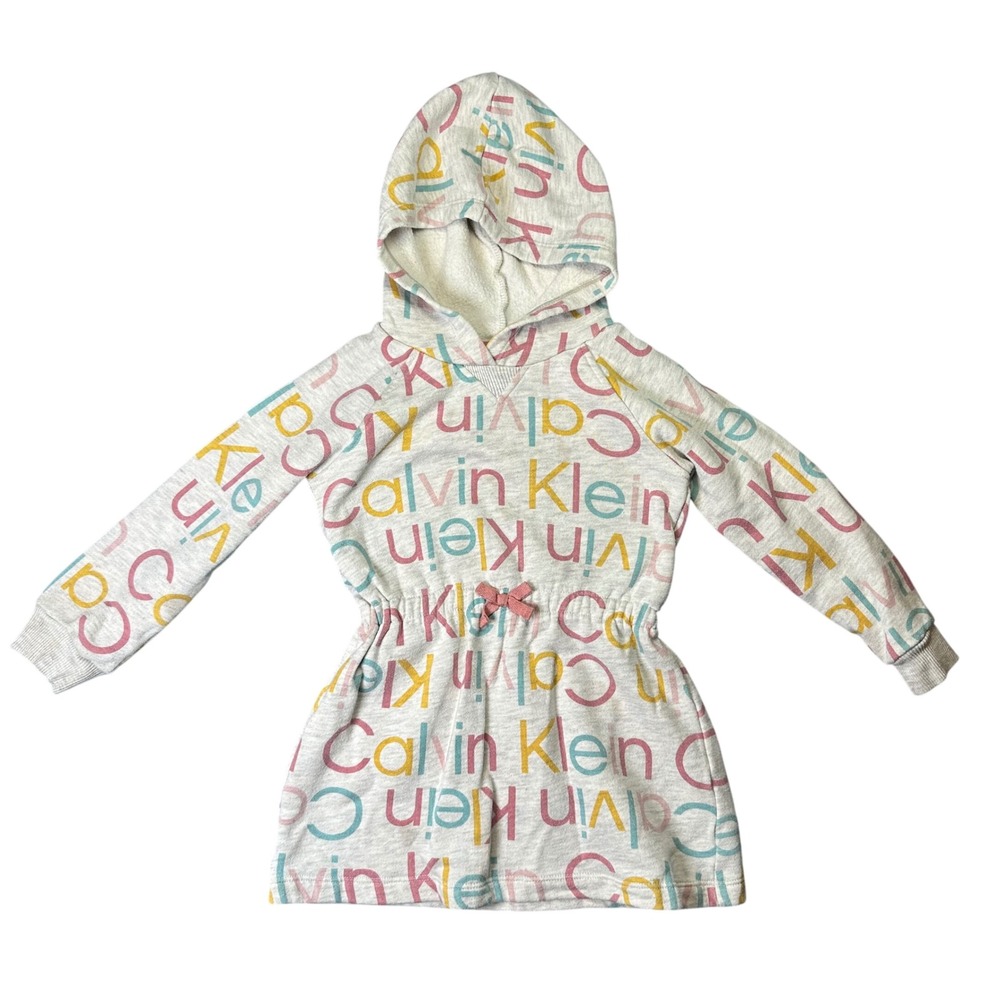 Calvin Klein Jeans Girls Hooded Logo Sweatshirt Dress Size 4 Gray Pastel Multi